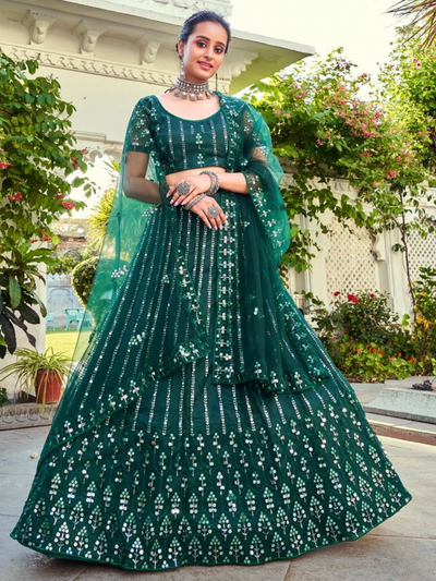 Forest Green Sequins Embroidered Soft Net Wedding Lehenga Choli