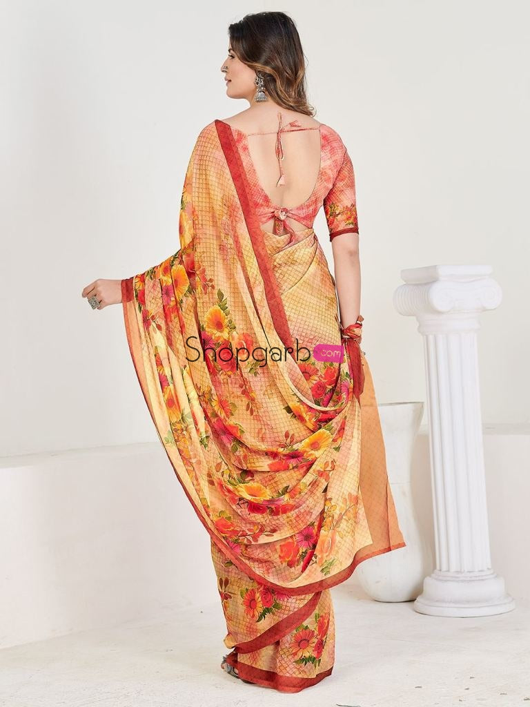 Funcation Special Orange Georgette Printed Saree