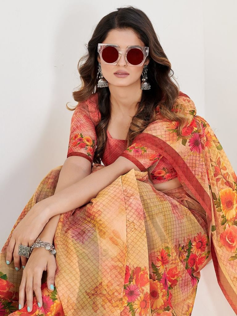 Funcation Special Orange Georgette Printed Saree