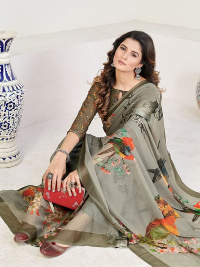 Georgeous Olive Georgette Printed Casual Wear Saree With Blouse