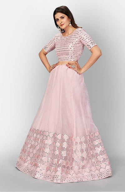 Gorgeous Designer Look Pink Organza Mirror Work Wedding Wear Lehenga