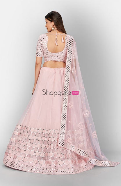 Gorgeous Designer Look Pink Organza Mirror Work Wedding Wear Lehenga