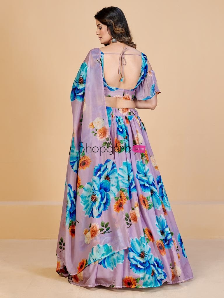 Gorgeous Mauve And Blue Printed Lehenga Blouse With Dupatta