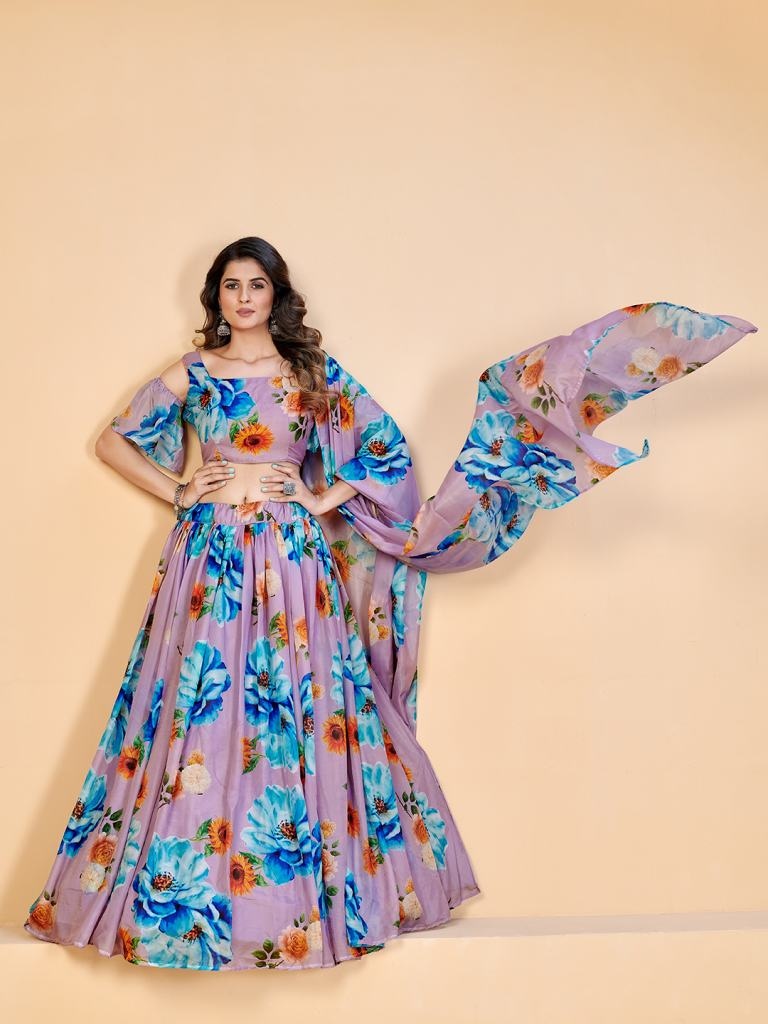 Gorgeous Mauve And Blue Printed Lehenga Blouse With Dupatta