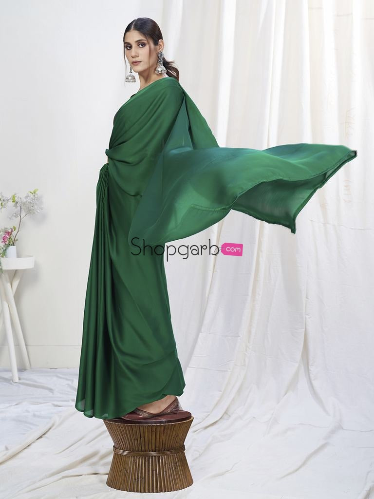Grass Green Ready To Wear One Minute Lycra Saree