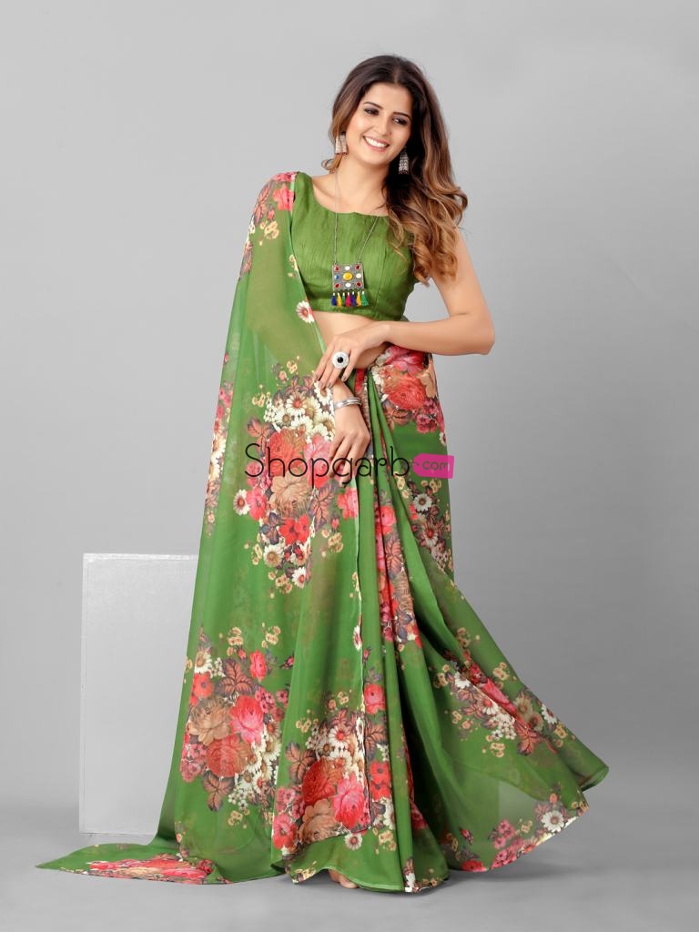 Green And Pink Organza Floral Printed Outstanding Saree