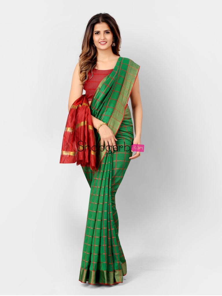Green And Red Woven Design Silk Cotton Newest Saree