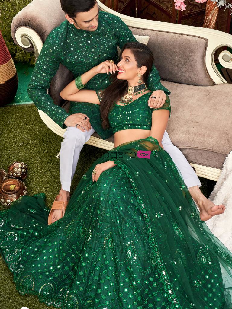 Green Colored Soft Net Sequins Embroidered Couple Wear Set