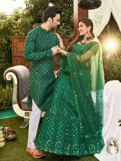 Green Colored Soft Net Sequins Embroidered Couple Wear Set