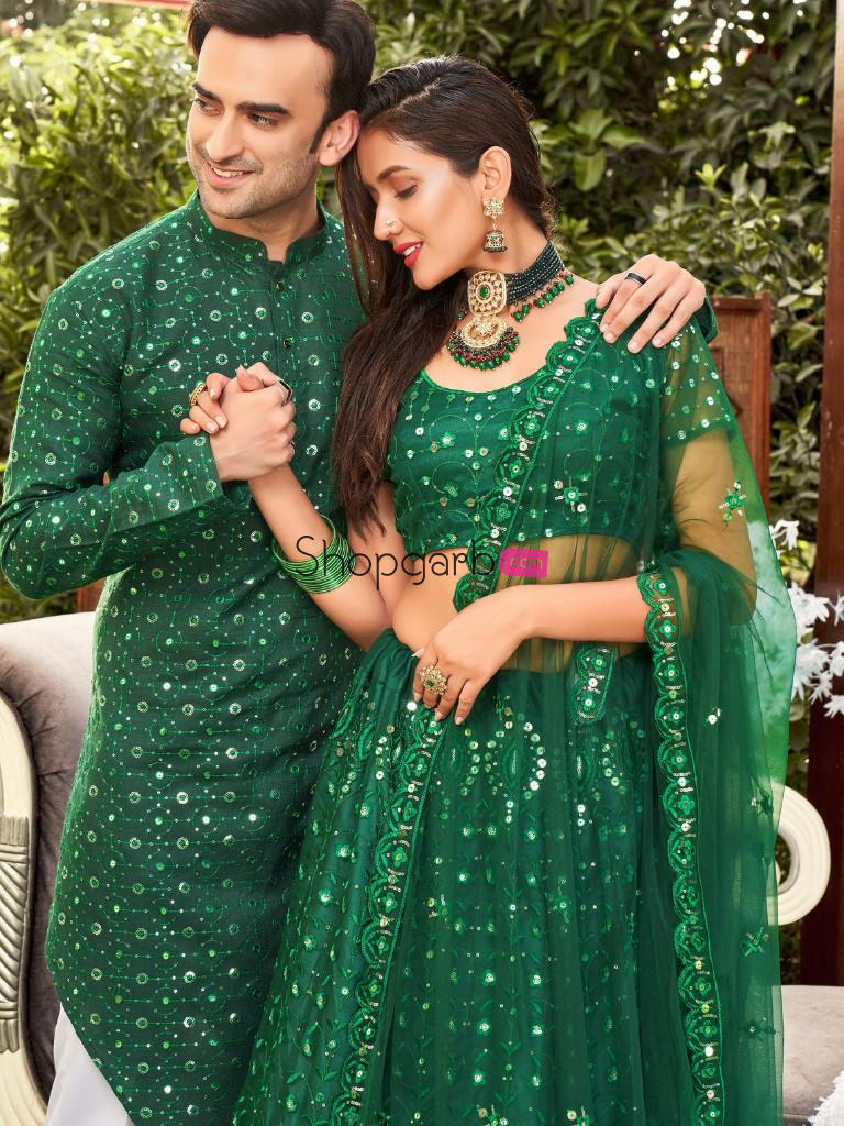 Green Colored Soft Net Sequins Embroidered Couple Wear Set