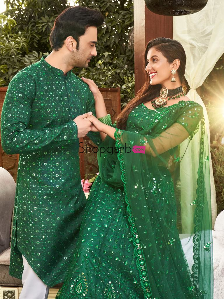 Green Colored Soft Net Sequins Embroidered Couple Wear Set
