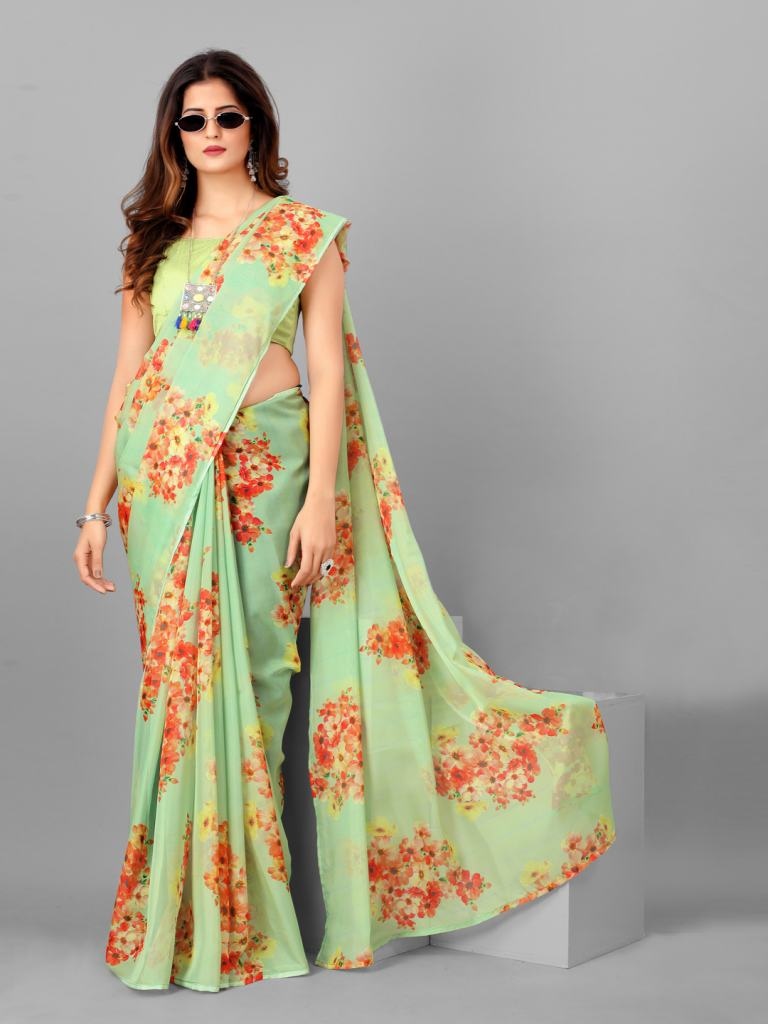 Green Organza Floral Printed Casual Wear Saree With Blouse