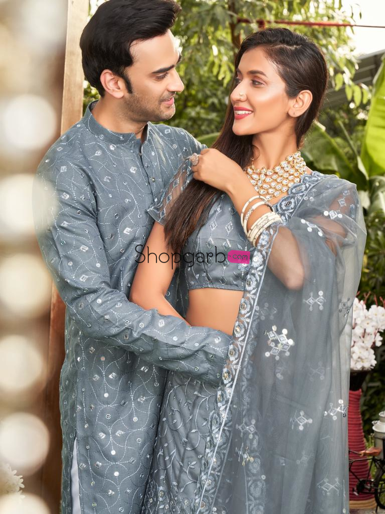 Grey Colored Soft Net Sequins Embroidered Couple Wear Set
