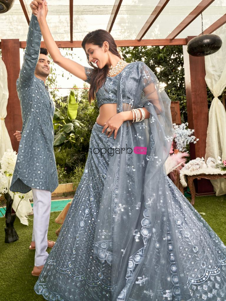 Grey Colored Soft Net Sequins Embroidered Couple Wear Set