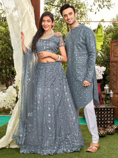 Grey Colored Soft Net Sequins Embroidered Couple Wear Set