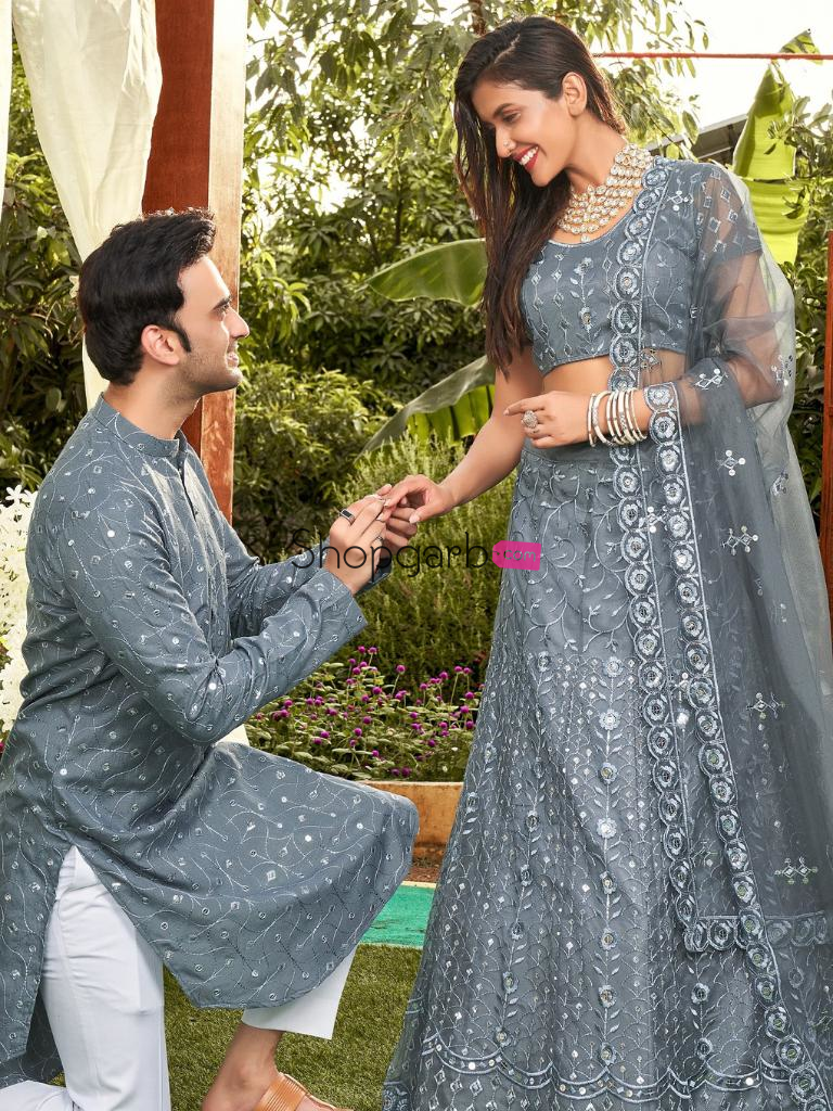 Grey Colored Soft Net Sequins Embroidered Couple Wear Set