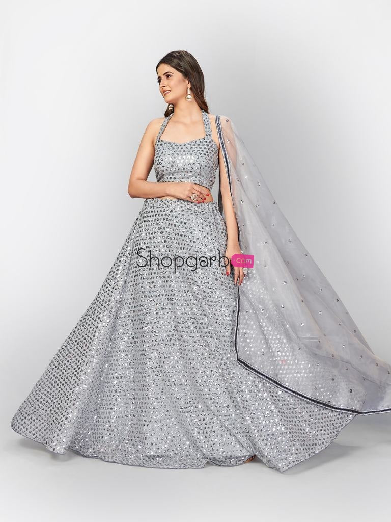 Grey Silver Toned Heavy Sequence Unstitched Lehenga Blouse With Dupatta