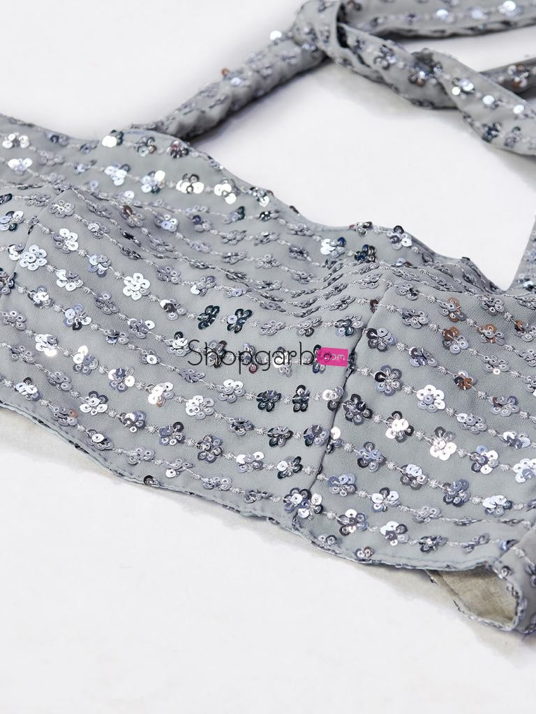 Grey Silver Toned Heavy Sequence Unstitched Lehenga Blouse With Dupatta