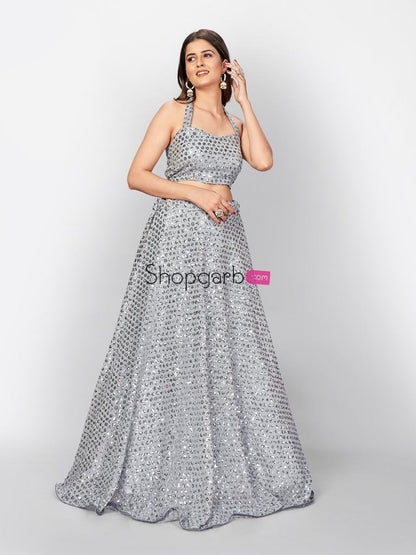 Grey Silver Toned Heavy Sequence Unstitched Lehenga Blouse With Dupatta