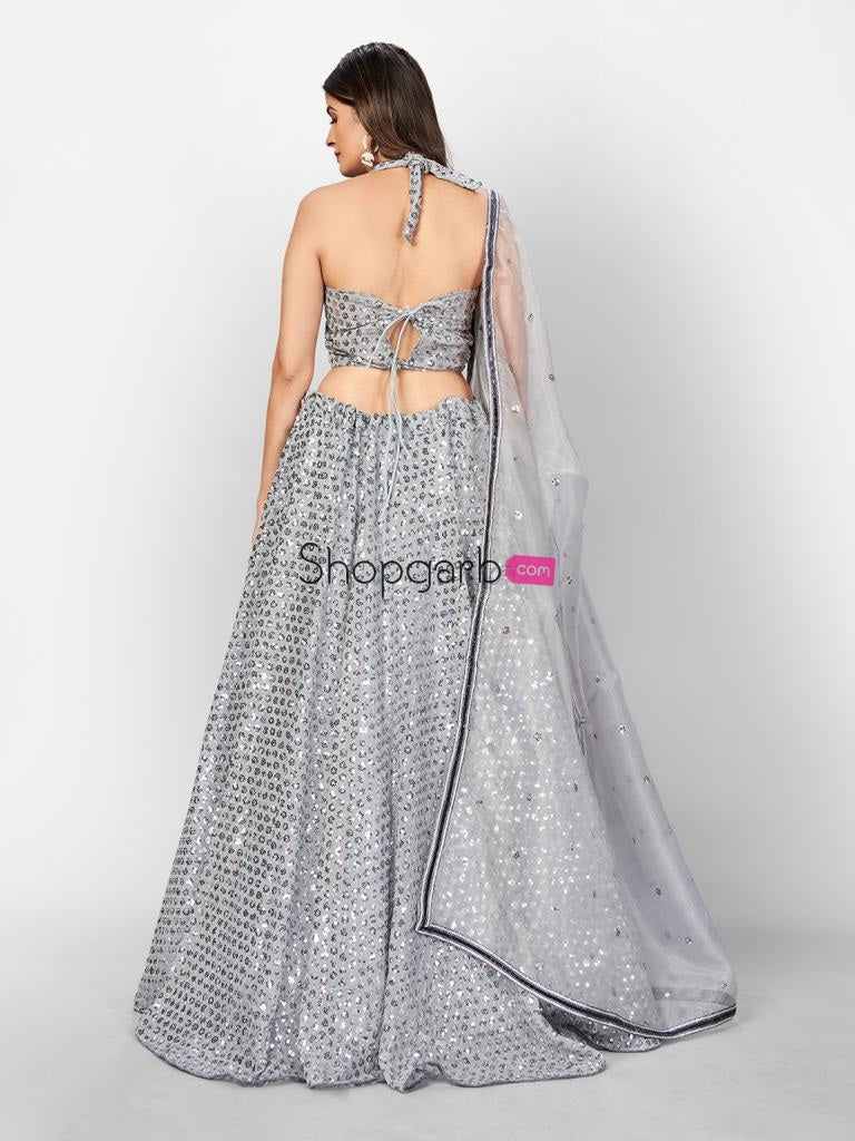 Grey Silver Toned Heavy Sequence Unstitched Lehenga Blouse With Dupatta