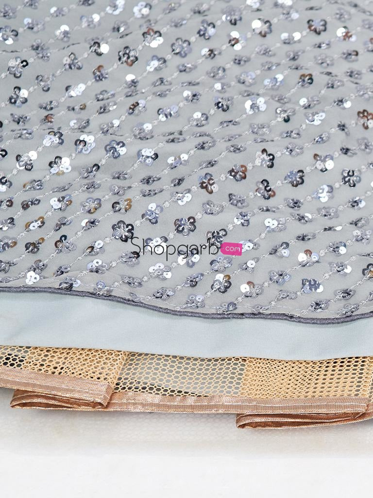 Grey Silver Toned Heavy Sequence Unstitched Lehenga Blouse With Dupatta