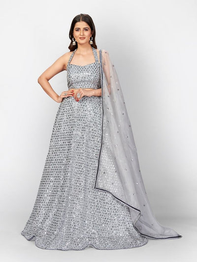 Grey Silver Toned Heavy Sequence Unstitched Lehenga Blouse With Dupatta