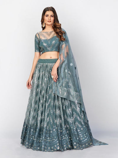 Indian Bridal Wear Gray Sequins Designer Lehenga And Blouse With Dupatta