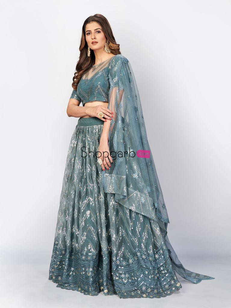 Indian Bridal Wear Gray Sequins Designer Lehenga And Blouse With Dupatta