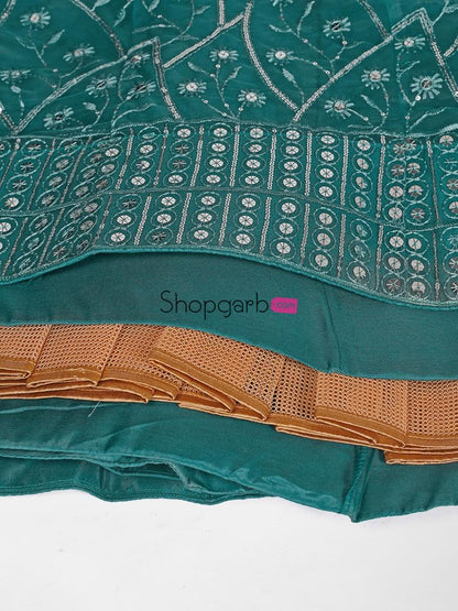 Indian Looks Teal And Silver Toned Embroidered Sangeet Special Lehenga Blouse With Dupatta