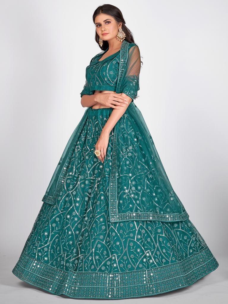 Indian Looks Teal And Silver Toned Embroidered Sangeet Special Lehenga Blouse With Dupatta