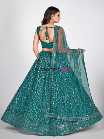 Indian Looks Teal And Silver Toned Embroidered Sangeet Special Lehenga Blouse With Dupatta