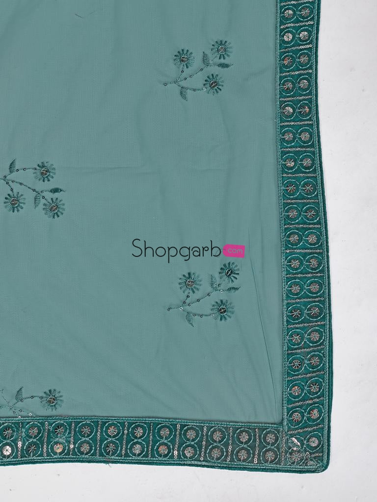 Indian Looks Teal And Silver Toned Embroidered Sangeet Special Lehenga Blouse With Dupatta