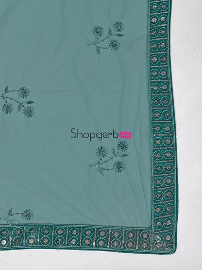 Indian Looks Teal And Silver Toned Embroidered Sangeet Special Lehenga Blouse With Dupatta