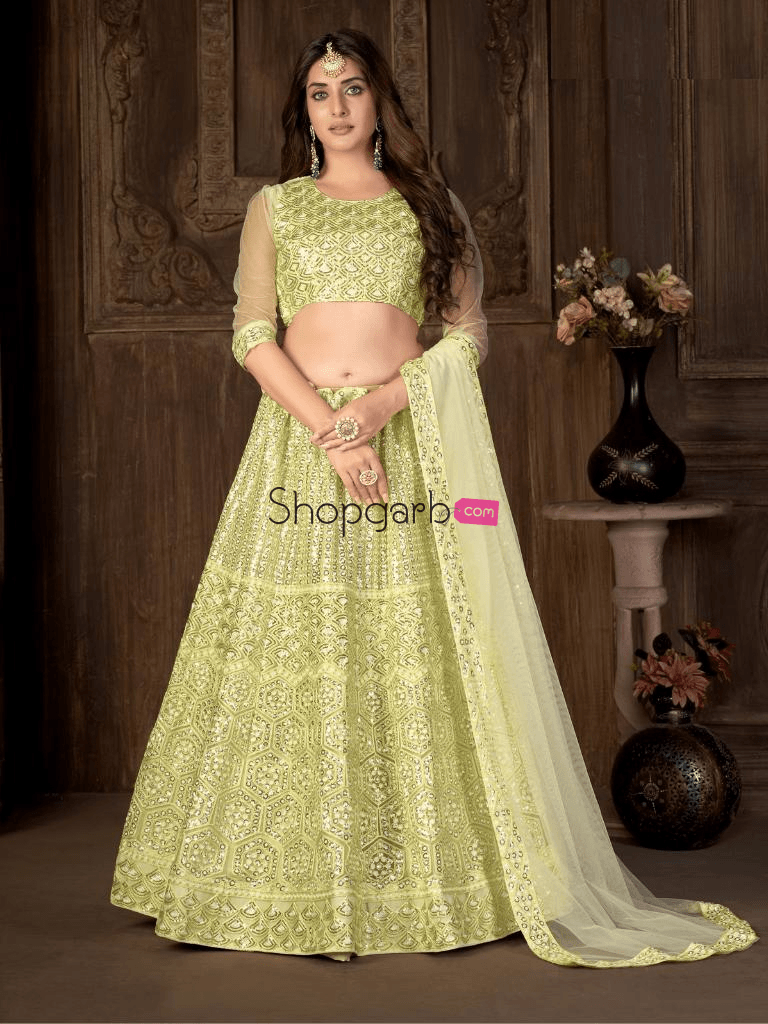 Lemon Yellow Heavy Soft Net Sequins Wedding Wear Lehenga Choli