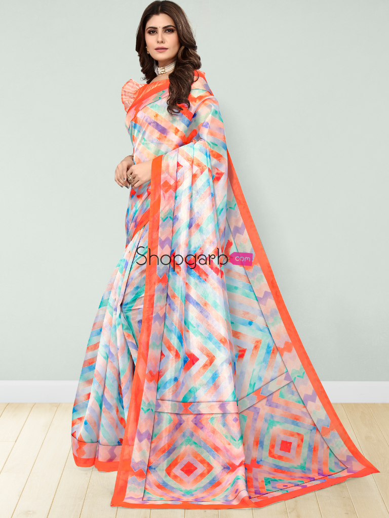 Light Orange Floral Digital Printed Cotton Silk Linen Saree