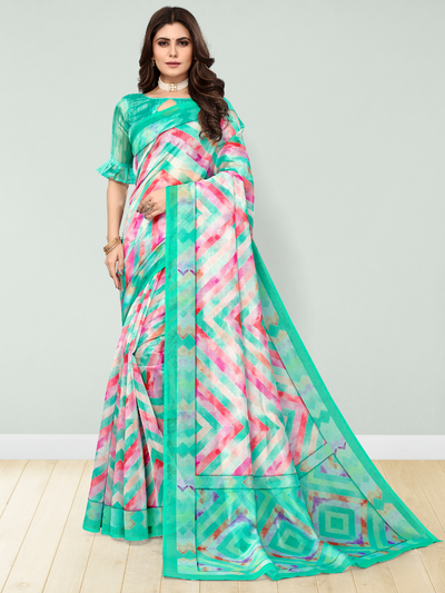 Light Rama Floral Digital Printed Cotton Silk Linen Saree