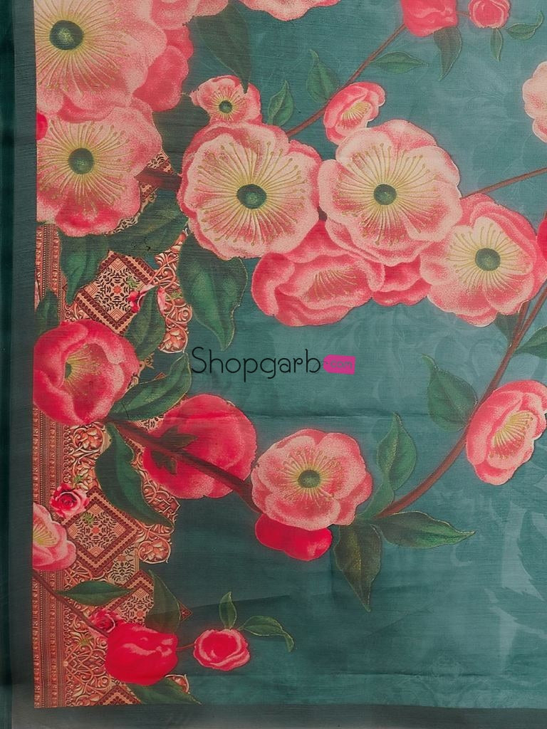 Magnificence Teal And Peach Organza Floral Casual Wear Saree With Blouse