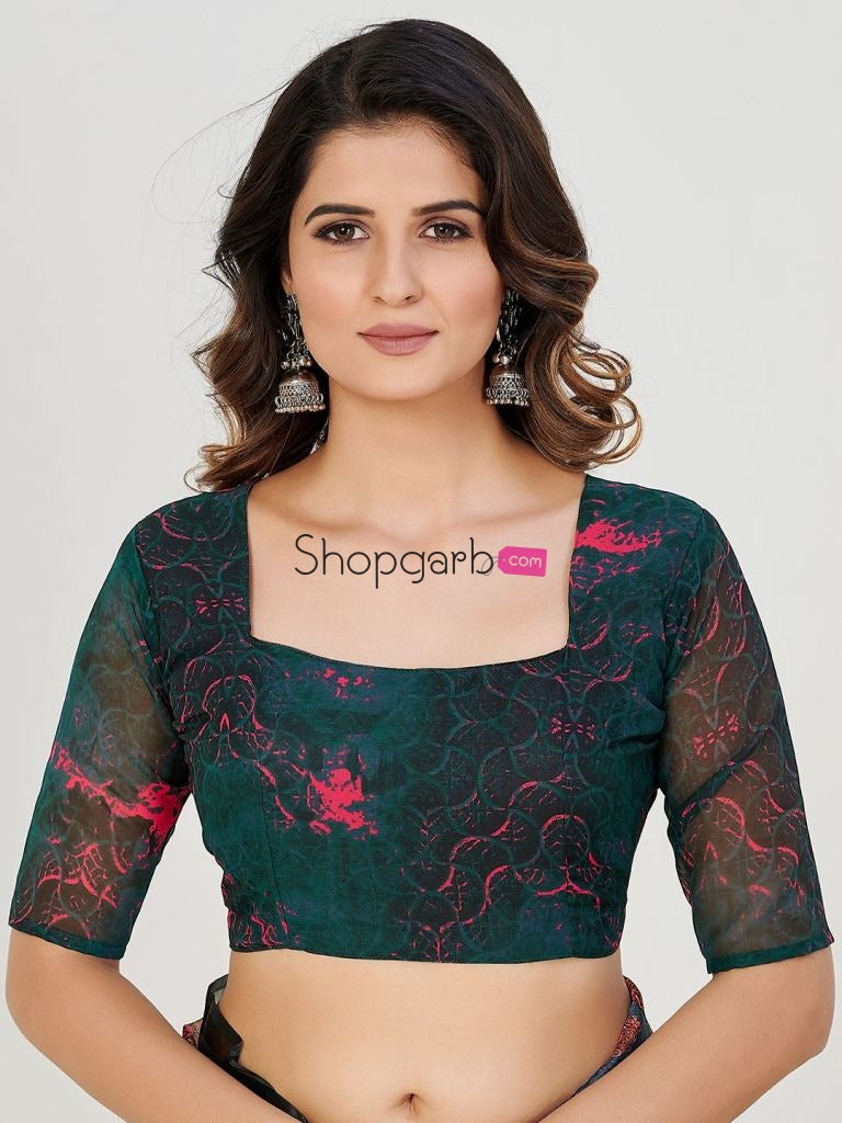 Magnificence Teal And Peach Organza Floral Casual Wear Saree With Blouse
