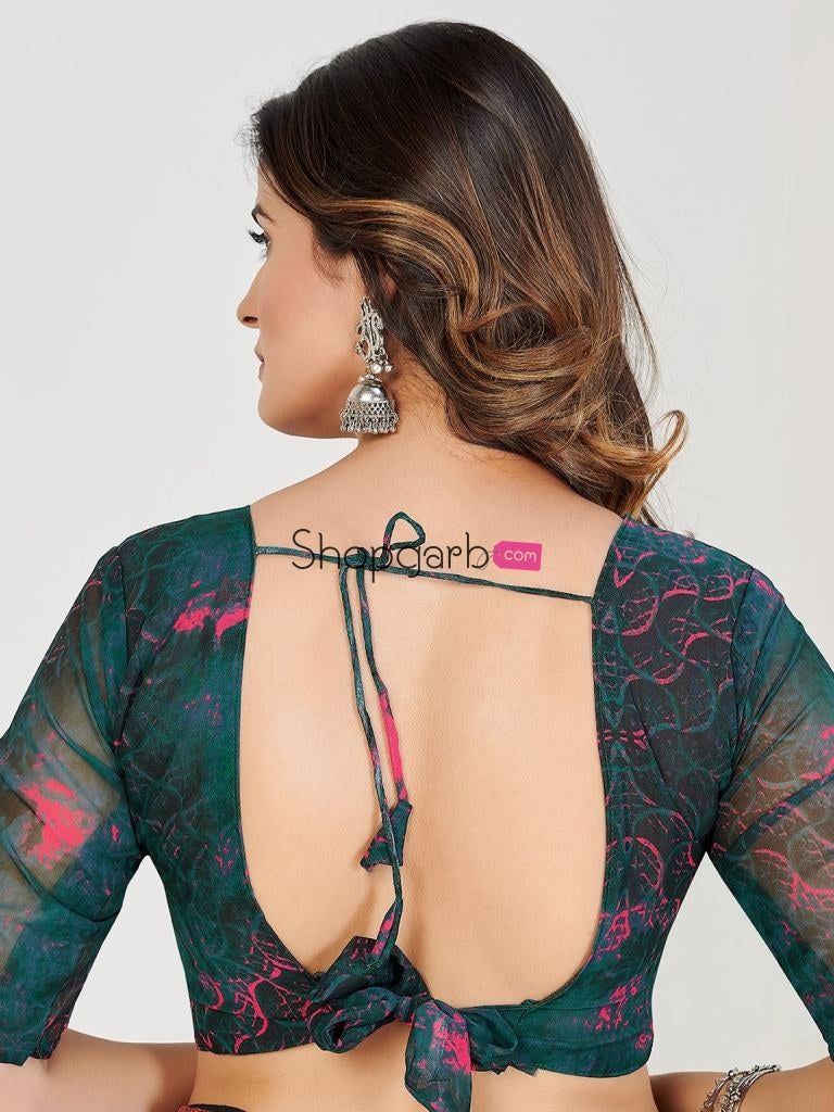 Magnificence Teal And Peach Organza Floral Casual Wear Saree With Blouse