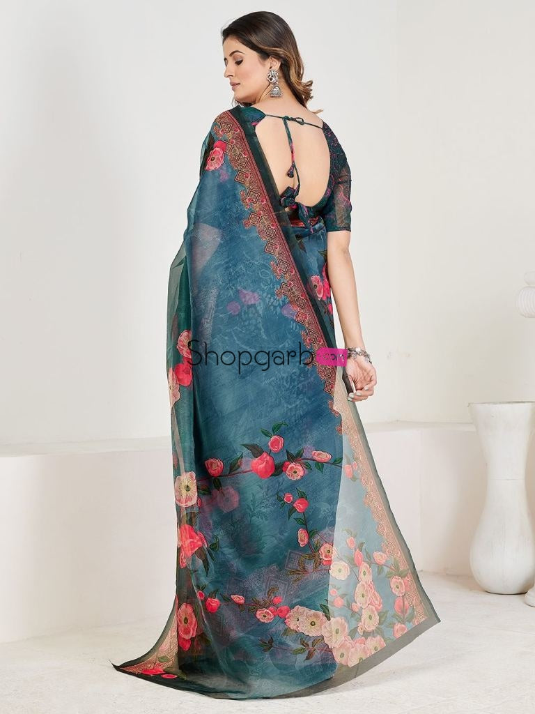Magnificence Teal And Peach Organza Floral Casual Wear Saree With Blouse