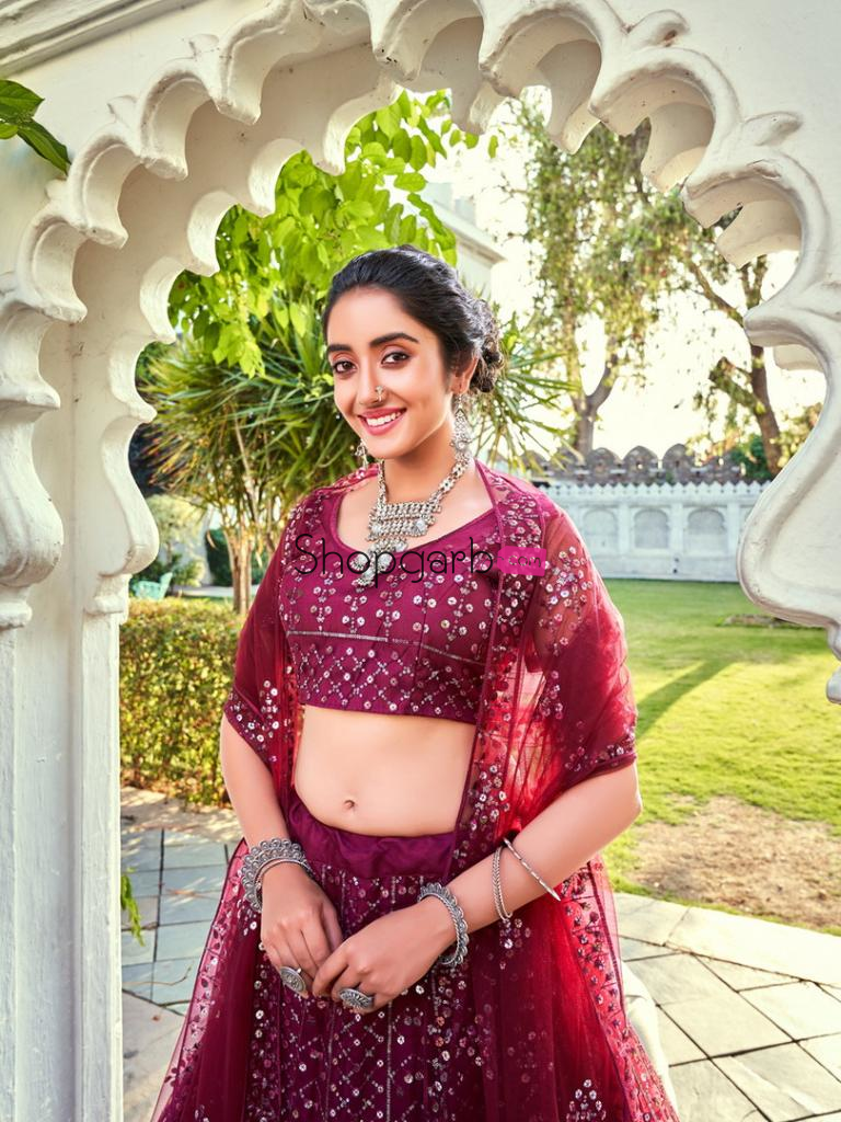 Maroon Sequins Embroidered Soft Net Wedding Lehenga Choli