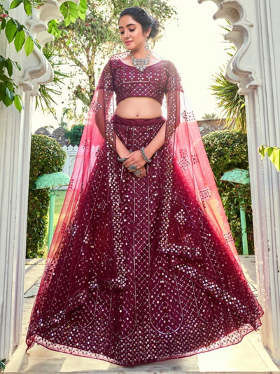 Maroon Sequins Embroidered Soft Net Wedding Lehenga Choli