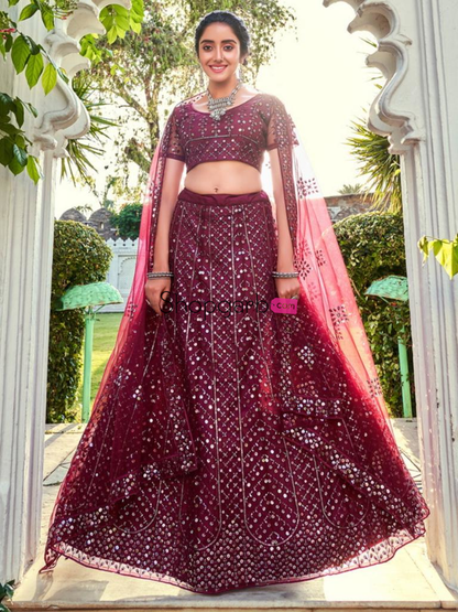 Maroon Sequins Embroidered Soft Net Wedding Lehenga Choli