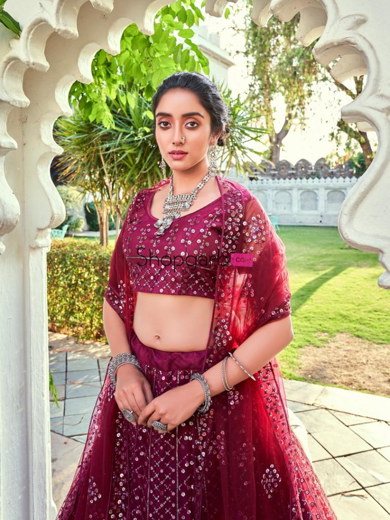 Maroon Sequins Embroidered Soft Net Wedding Lehenga Choli