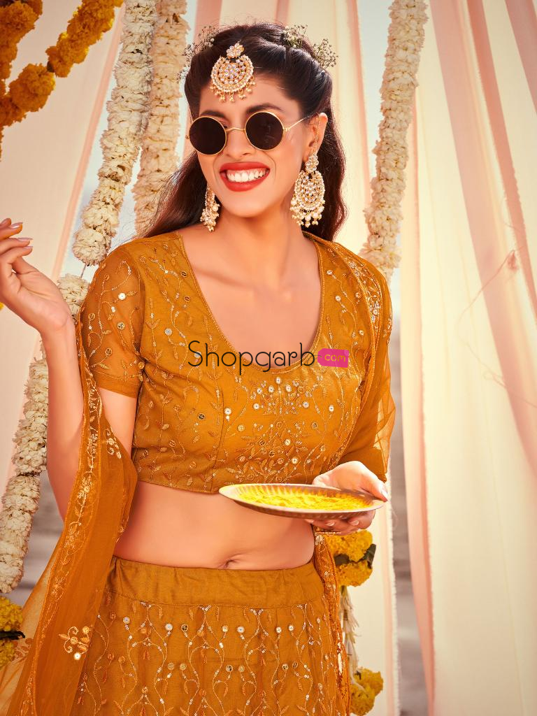 Mustard Yellow Soft Net Lehenga Choli With Sequins & Embroidery Work