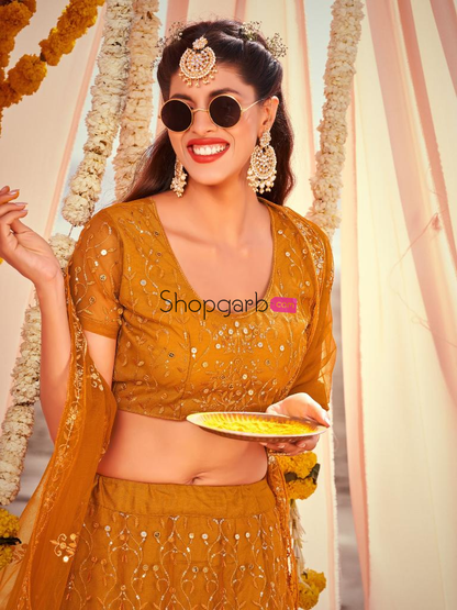 Mustard Yellow Soft Net Lehenga Choli With Sequins & Embroidery Work