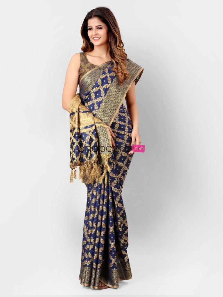 Navy Blue And Gold Banarasi Cotton Silk Kanjeevaram Style Saree With Newest Blouse