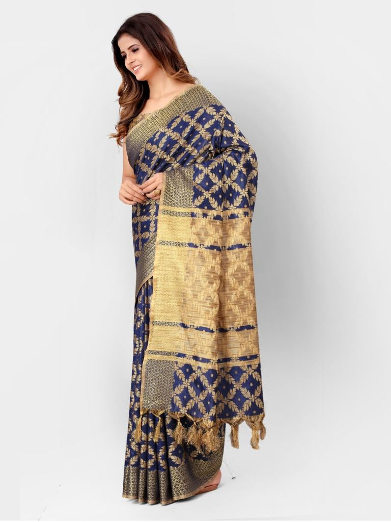 Navy Blue And Gold Banarasi Cotton Silk Kanjeevaram Style Saree With Newest Blouse