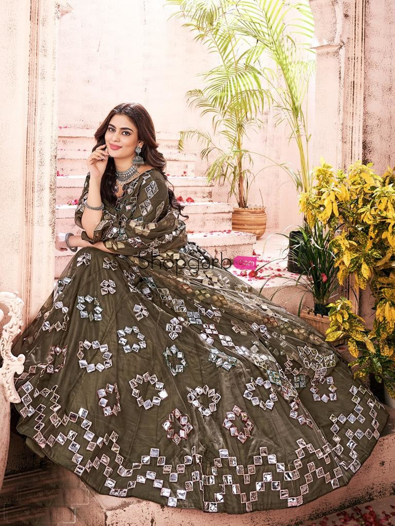 Olive Green Gota-Patti Worked Net Wedding Lehenga Choli
