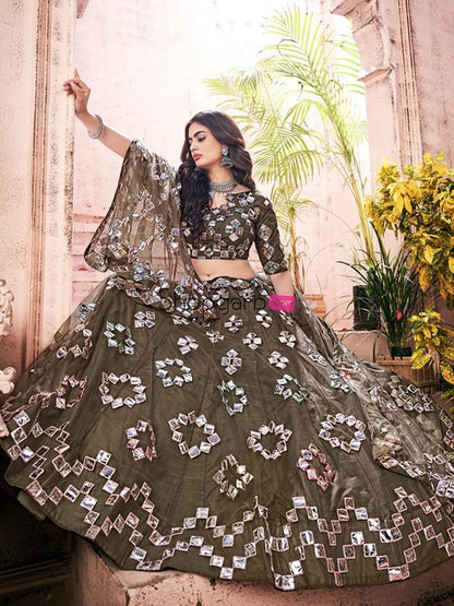 Olive Green Gota-Patti Worked Net Wedding Lehenga Choli